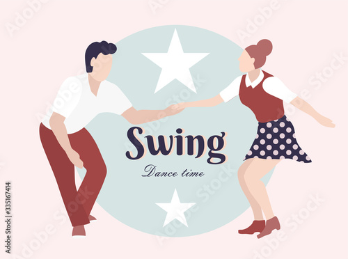 Party Swing Young couple dancing swing  rock or lindy hop. Retro in flat style hand drawn. Disc cover  social network  dance competition  illustration of dance courses. Time to dance.