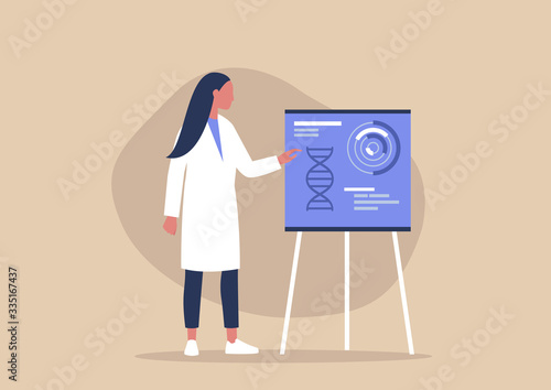 Young female character pointing on a flip chart, biotech startup, new technologies