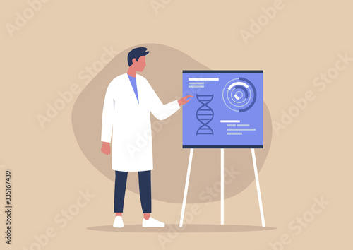Young male character pointing on a flip chart, biotech startup, new technologies