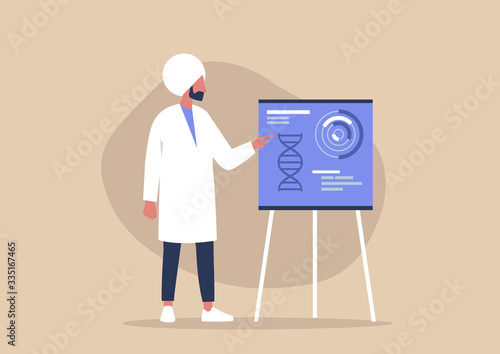 Young indian male character pointing on a flip chart, biotech startup, new technologies