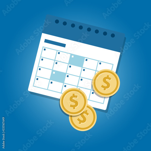 Money and calendar coins dollar concept of investing monthly or payment salary day bill deadline