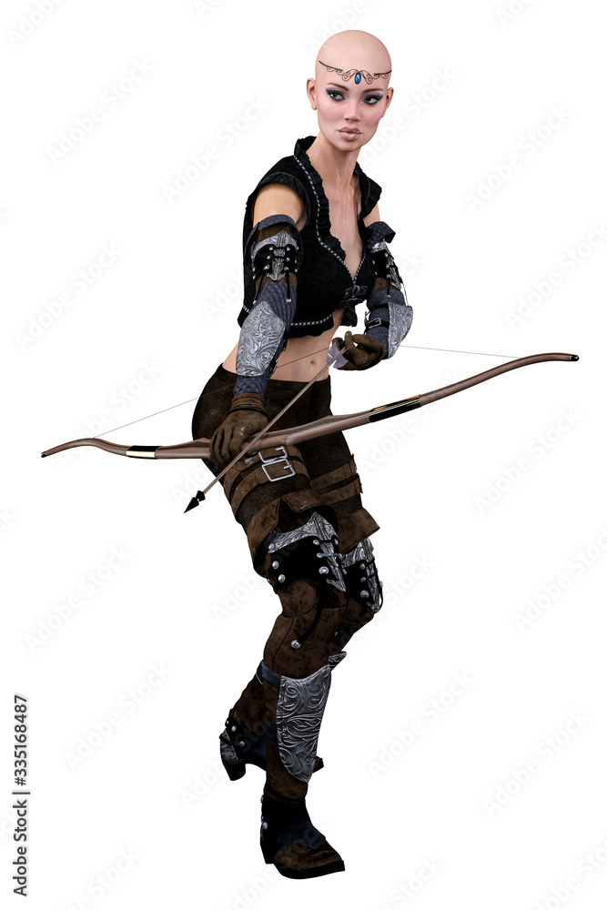 Caucasian Elf Archer Woman with Bow and Arrow on Isolated White Background, 3D illustration, 3D Rendering Caucasian Elf Archer Woman with Bow and Arrow on Isolated White Background, 3D illustration, 3D Rendering
