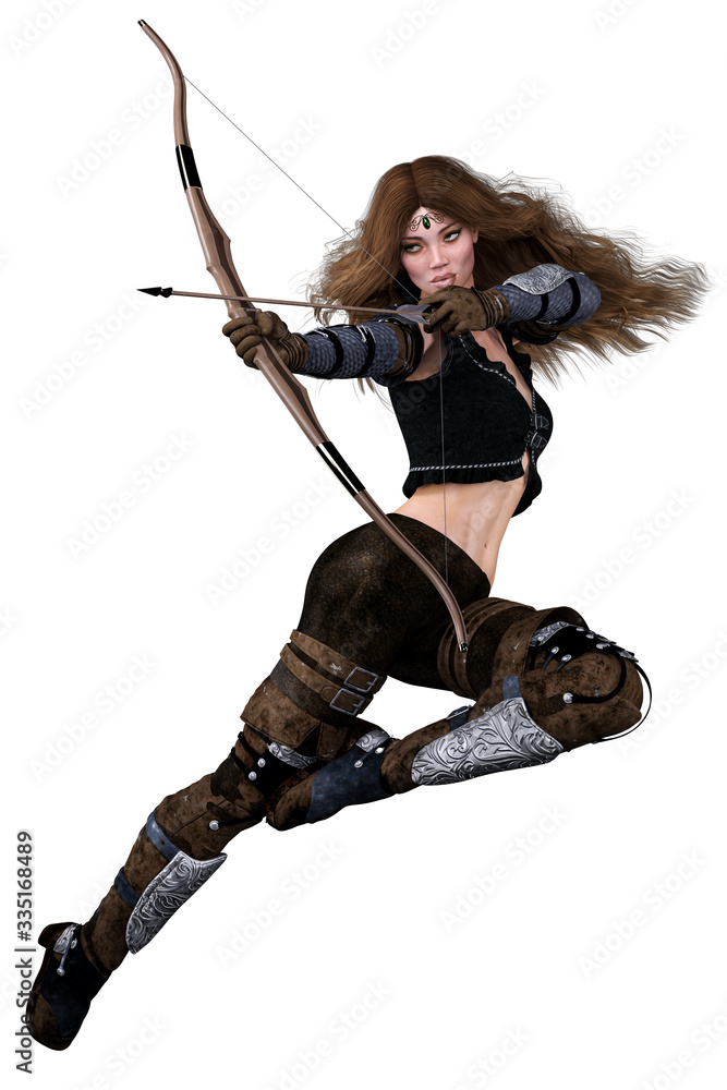 Caucasian Elf Archer Woman with Bow and Arrow on Isolated White Background, 3D illustration, 3D Rendering Caucasian Elf Archer Woman with Bow and Arrow on Isolated White Background, 3D illustration, 3D Rendering