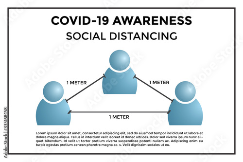 Social distancing concept. Minimum distance of 1 meter to prevent from Covid-19 spreading. Vector illustration shows 3 person with a minimum distance of 1 meter in between. Copyspace on bottom side.