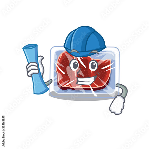 Cartoon character of frozen beef brainy Architect with blue prints and blue helmet