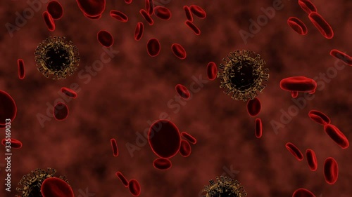 Coronavirus 2019-nCoV 3D rendering model. Microscopic view of a infectious virus and red blood cell in the human blood vessels.