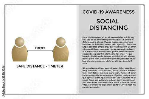 Social distancing concept. Minimum distance of 1 meter to prevent from Covid-19 spreading. Vector illustration shows 2 person with a minimum distance of 1 meter in between. Copyspace on right side.