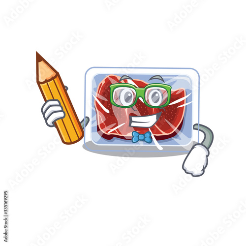A brainy student frozen beef cartoon character with pencil and glasses
