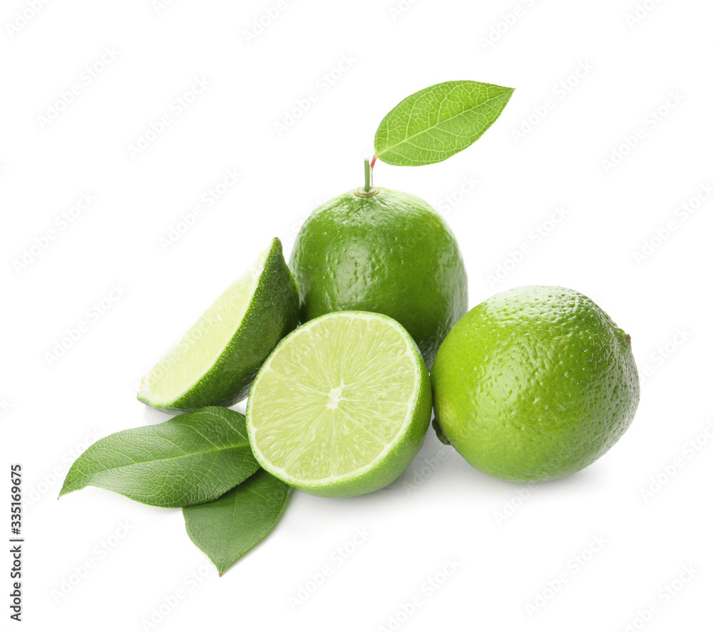 Green limes on white background