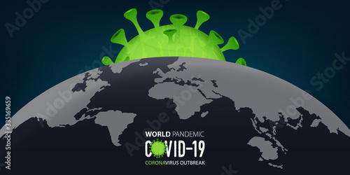 Coronavirus or covid-19 banner in world outbreak of Covid-19 pandemic disease concept. Banner template design for headline news. Grid abstract background and virus icon. Vector illustration.