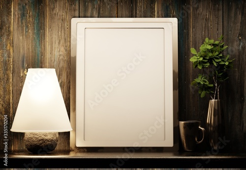 Template frame for photos and lettering. Table lamp on a shelf in a country house. Room plant. Night interior. 3D rendering.