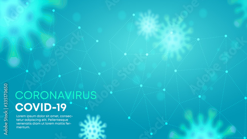 Coronavirus, virus concept green background banner. Medical healthcare, microbiology concept. Microscopic view of a infectious virus.