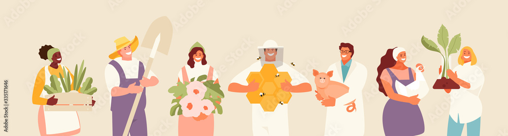 Naklejka premium People group agricultural professions. Farmer, gardener, livestock specialist, veterinarian beekeeper vector illustration