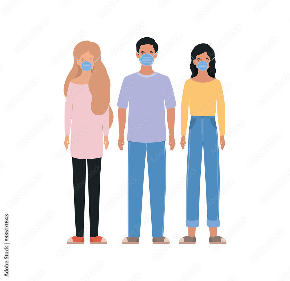 Avatar women and man with medical masks vector design