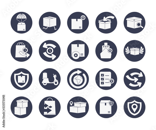 packages and delivery icon set, block style