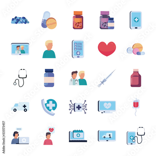 Health online and medical care flat style icon set vector design