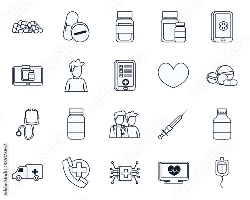Health online and medical care line style icon set vector design