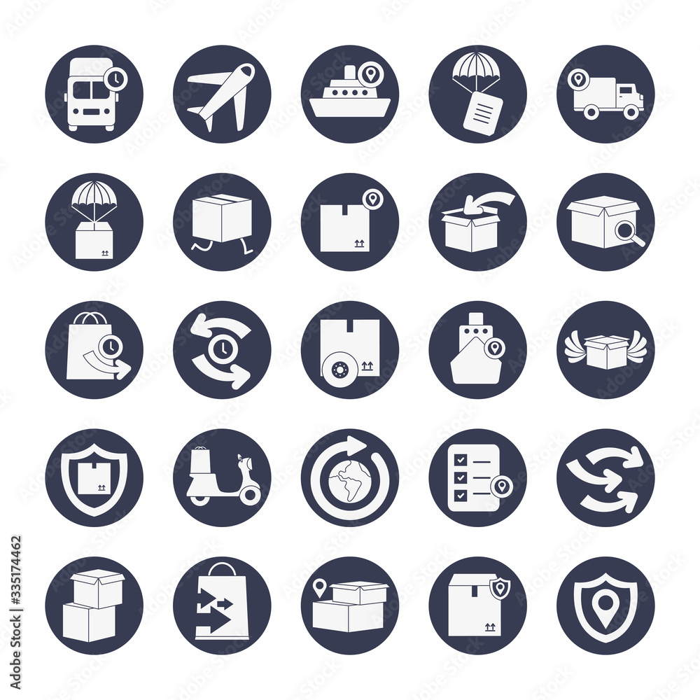 airplane and delivery icon set, block style