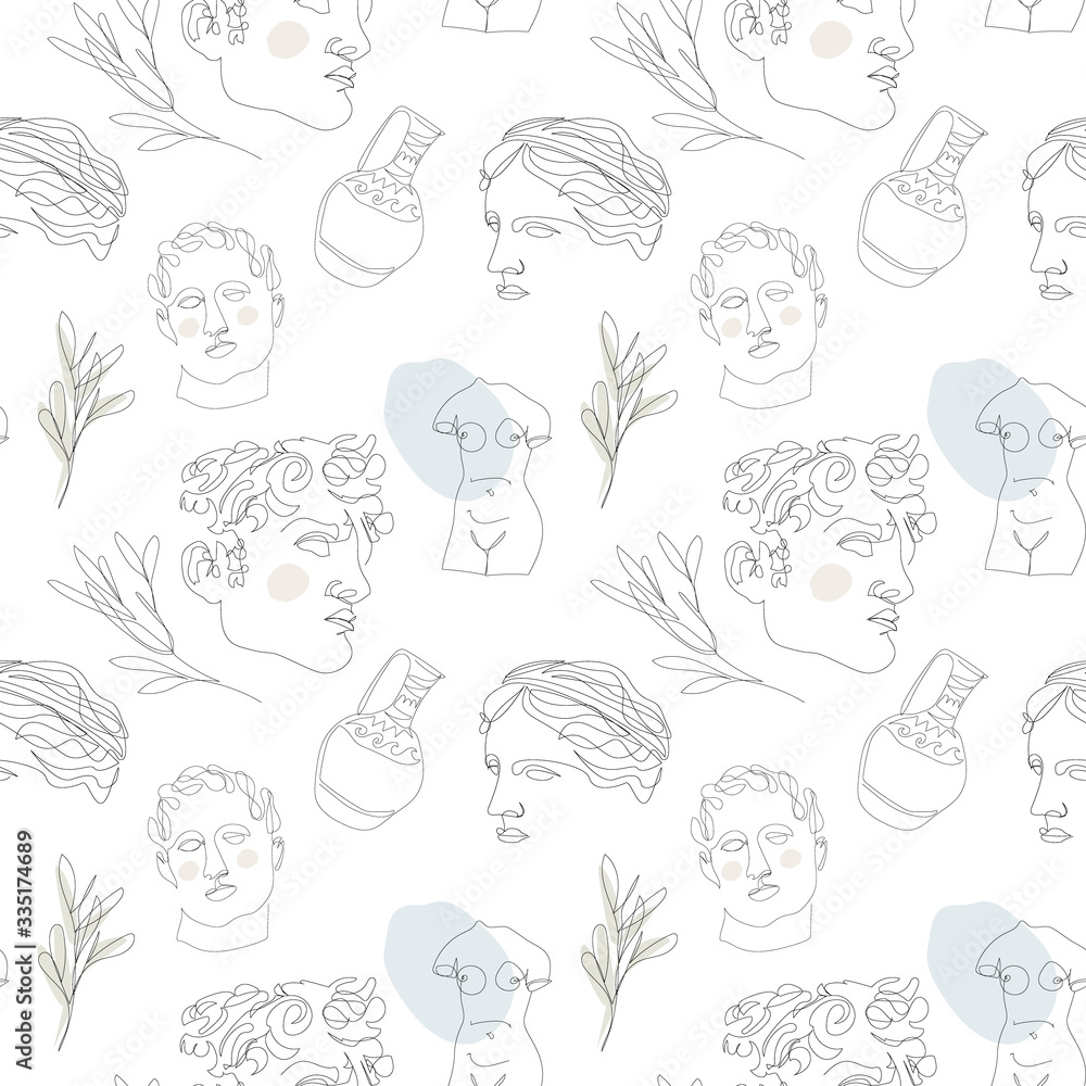 Vector seamless pattern. One continuous line statues, vases, leaves. International Museum Day, May 18. Perfect for flyer, card, poster, booklet