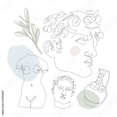 One continuous line statues, vases, leaves. International Museum Day, May 18. Vector line art. Perfect for flyer, card, poster, booklet