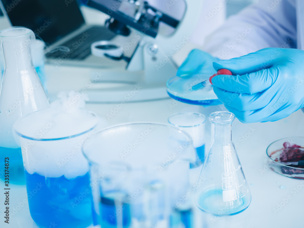 Fototapeta premium cluse up scientist wear rubber gloves dropping blue liquid biology chemical test in laboraty.