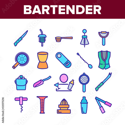 Bartender Equipment Collection Icons Set Vector. Bartender Shaker And Bucket With Ice, Opener And Corkscrew, Juicer And Spoon Concept Linear Pictograms. Color Contour Illustrations