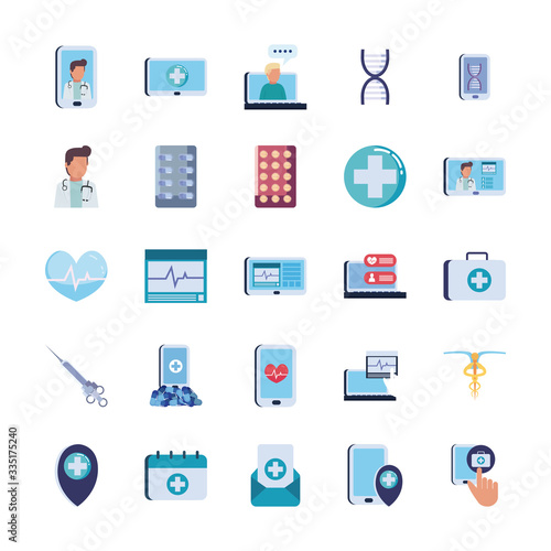 Health online and medical care flat style icon set vector design