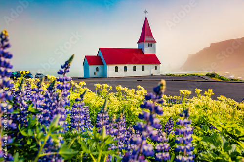Misty morning view of Vikurkirkja (Vik i Myrdal Church) with Reynisdrangar on background, Vik location. Colorful summer scene of Iceland with field of blooming lupine flowers. Travel to Iceland. © Andrew Mayovskyy