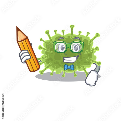 A brainy student haploviricotina cartoon character with pencil and glasses