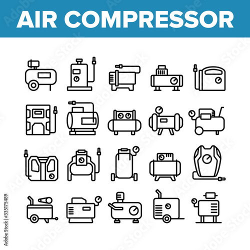 Air Compressor Device Collection Icons Set Vector. Air Compressor, Pump Electronic Equipment, Professional Tool Instrument Concept Linear Pictograms. Monochrome Contour Illustrations