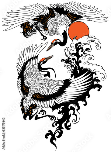 Two flying cranes with water waves and red sun. Tattoo vector illustration