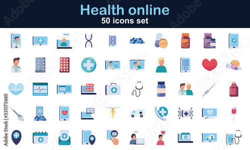50 Health online and medical care flat style icon set vector design