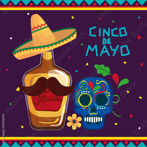 cinco de mayo poster with bottle tequila and skull decorated vector illustration design