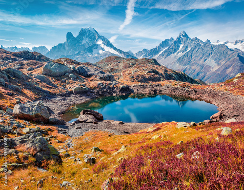 Red blueberry leaves cover the mountain slopes. Sunny autumn view of Cheserys lake (Lac De Cheserys), Chamonix location. Nice morning scene of Vallon de Berard Nature Preserve, Graian Alps, France.