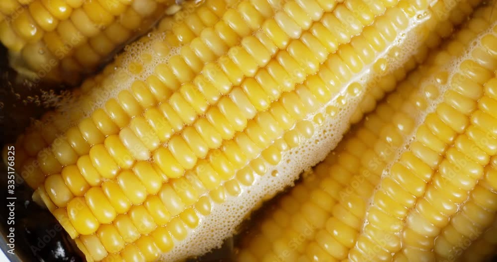 Corn boiling in water with air bubbles. Corn boiling in water with air bubbles.