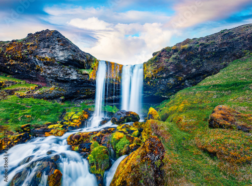Fabulous falling water of Sheep s Waterfall. Picturesque summer  morning on Iceland  Europe. Beauty of nature concept background.