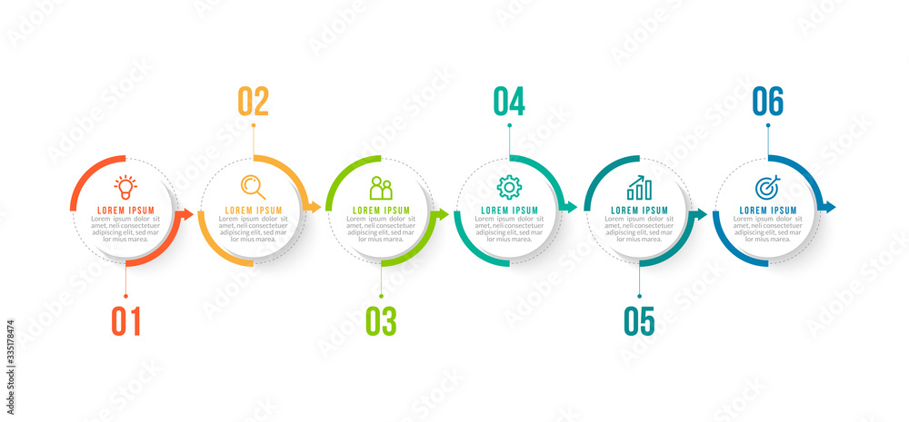 Naklejka premium Minimal Business Infographics template. Timeline with 6 steps, options and marketing icons .Vector linear infographic with six conected elements. Can be use for presentation.