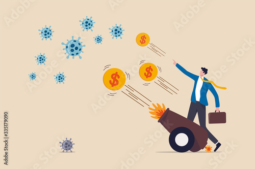 Coronavirus crisis money stimulus plan, money injection by FED, QE Quantitative Easing to help aid economic in COVID-19 Coronavirus lockdown, businessman use arsenal to shoot money to fight virus.