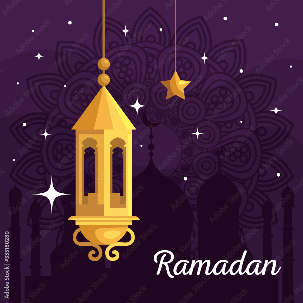 ramadan kareem poster with lantern and star hanging vector illustration design