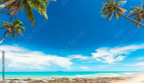 Fototapeta Naklejka Na Ścianę i Meble -  Beautiful minimalist tropical beach, coconut tree and blue sky for background