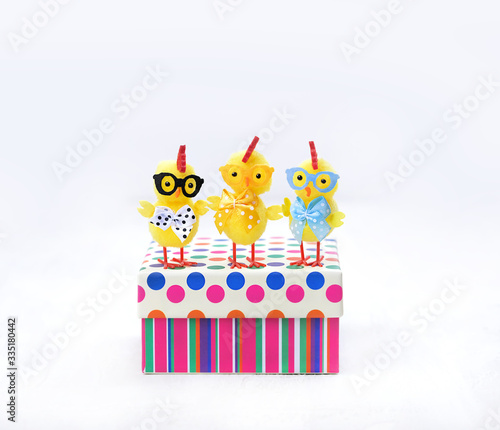 Easter Chicken and gift box on white background. Easter holiday concept. copy space