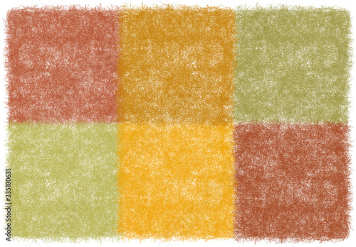 Fluffy door mat with geometrical pattern with weave square elements in brown, orange, green colors isolated