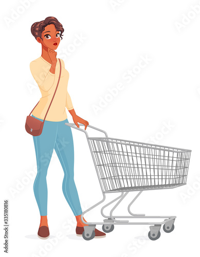 Thoughtful young woman with shopping cart. Isolated vector illustration.