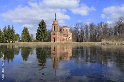 Old destroyed church on the lake
