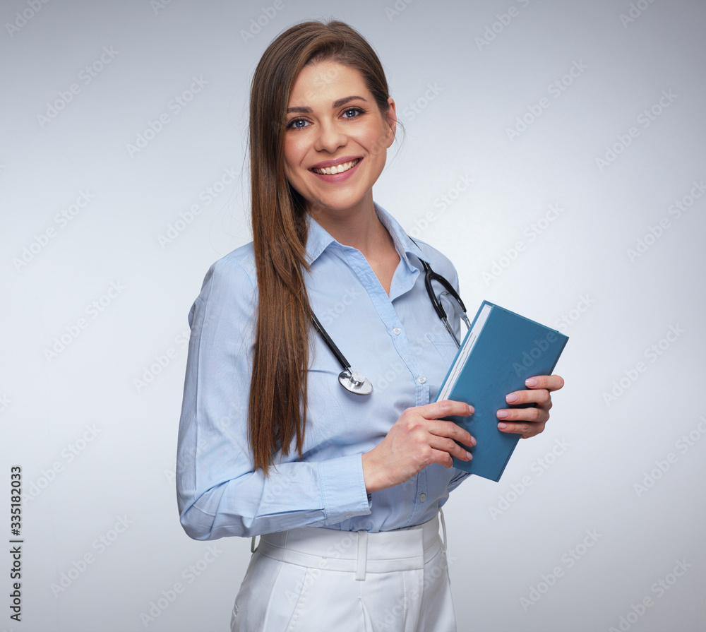 Medical worker woman doctor holding journal or book.