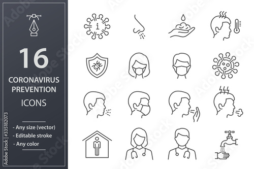 Coronavirus line icons set. Black vector illustration. Editable stroke.