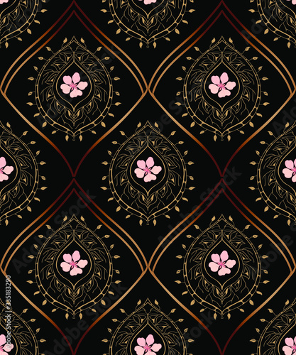 Seamless pattern in dark colors. The Damascus pattern. It can be used for creating Wallpaper, textiles, and paper photo