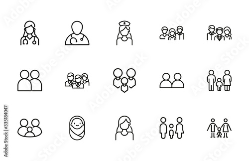 Set of people related vector line icons.