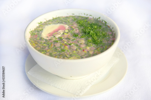 Cold kvass soup Okroshka, dishes of Russian national cuisine