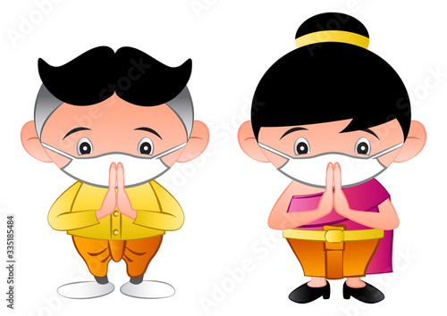 thai children wearing mask to protect virus and dust in cartoon version,vector illustration